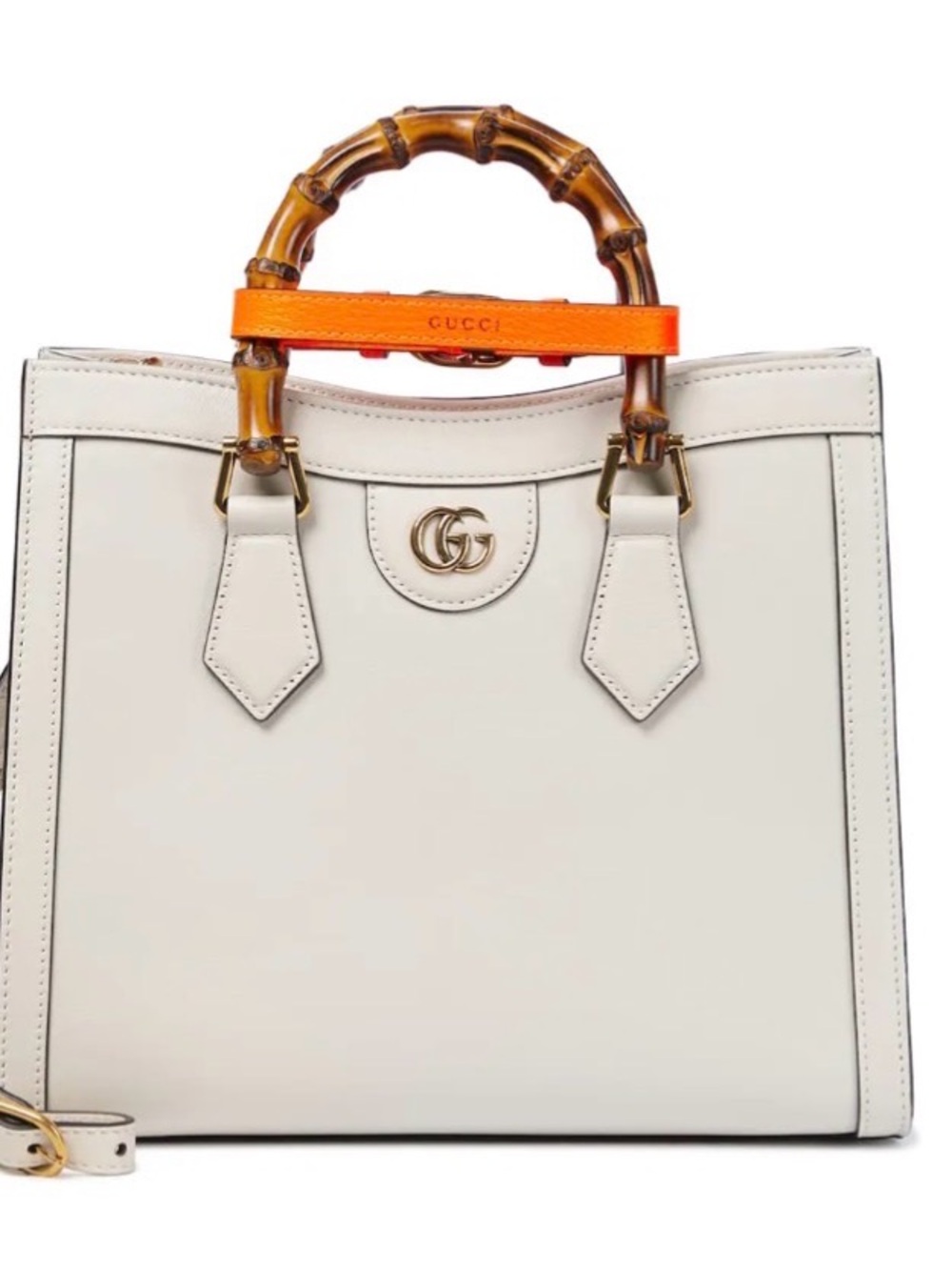 Designer inspired Cream Leather Satchel with Bamboo Handles and Orange Strap bag